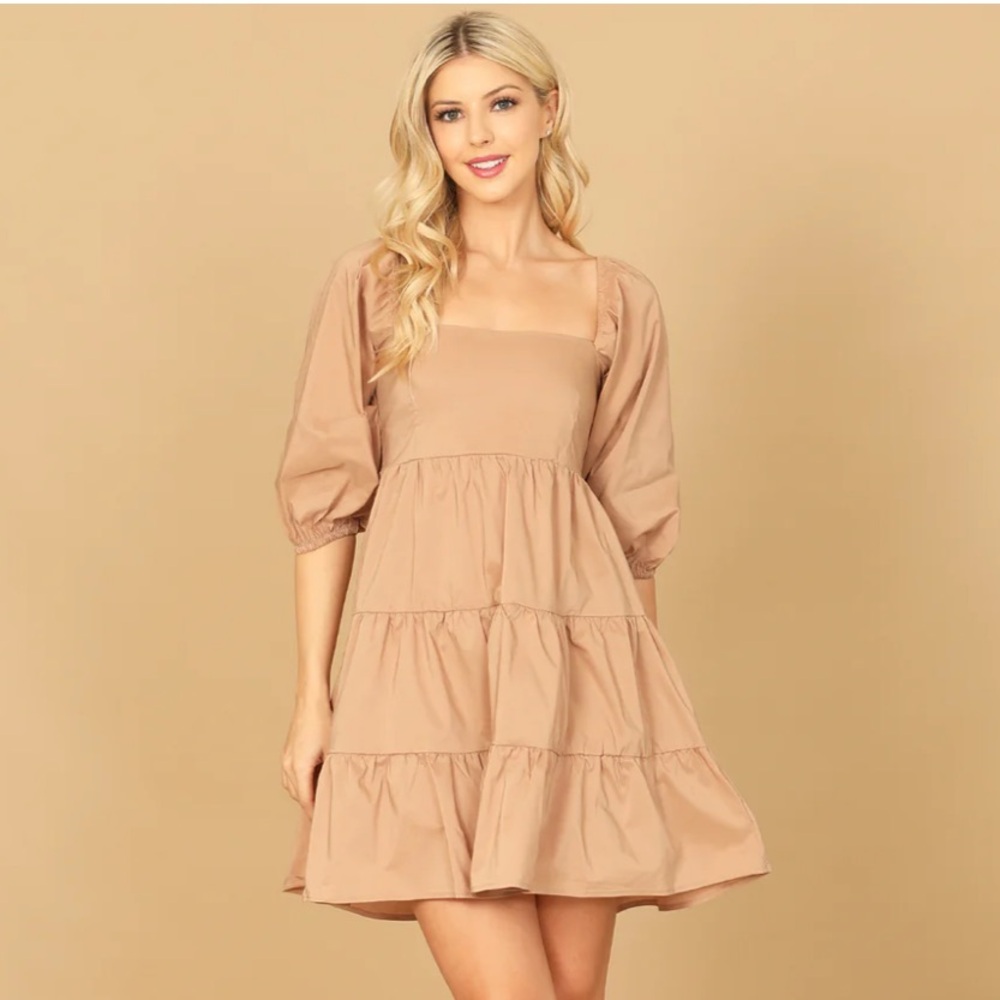 Olivaceous Tan Tie Back Cupcake Dress by Shellshop Sz:Sm